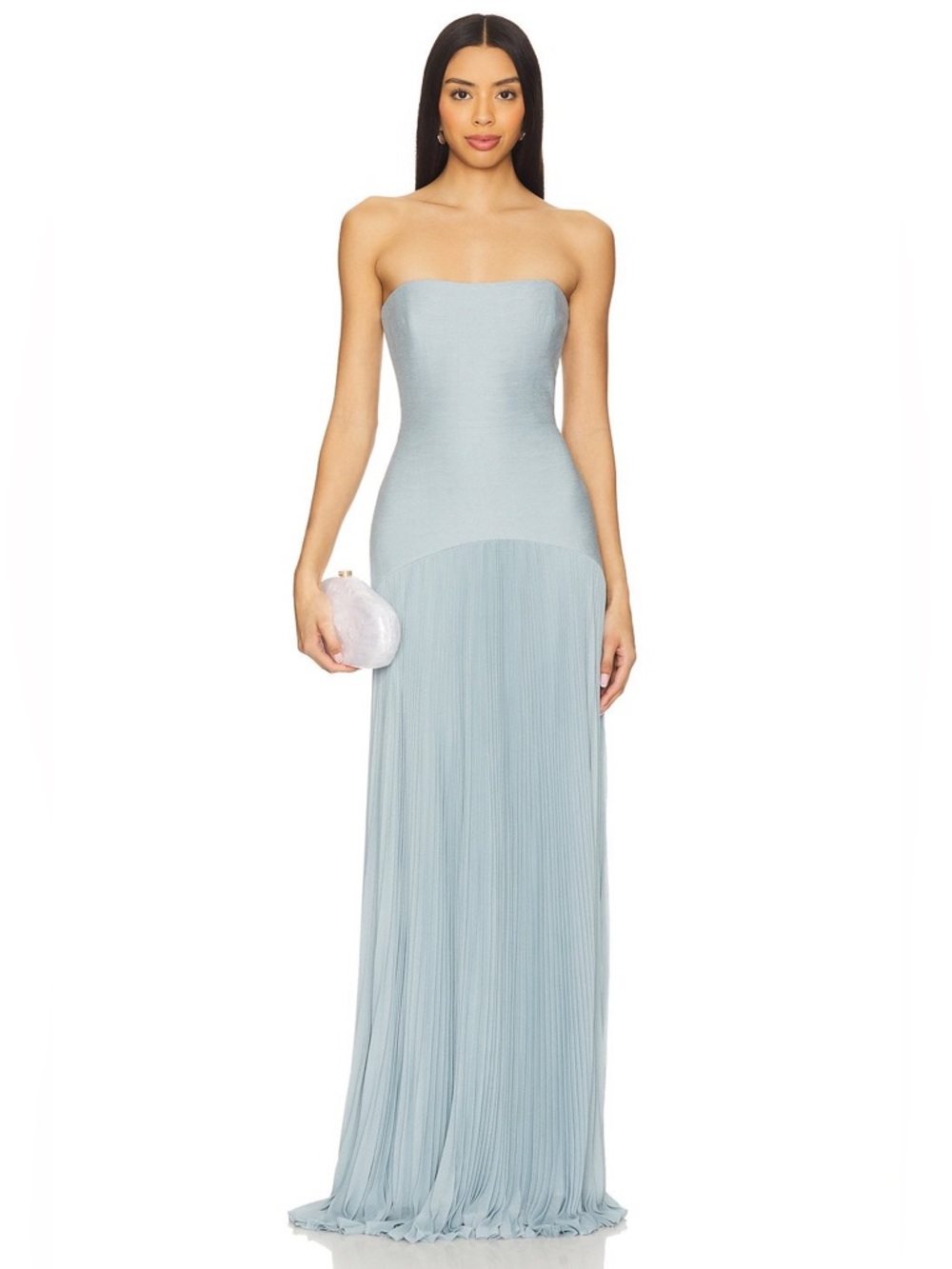 Strapless Light Blue Pleated Maxi Dress